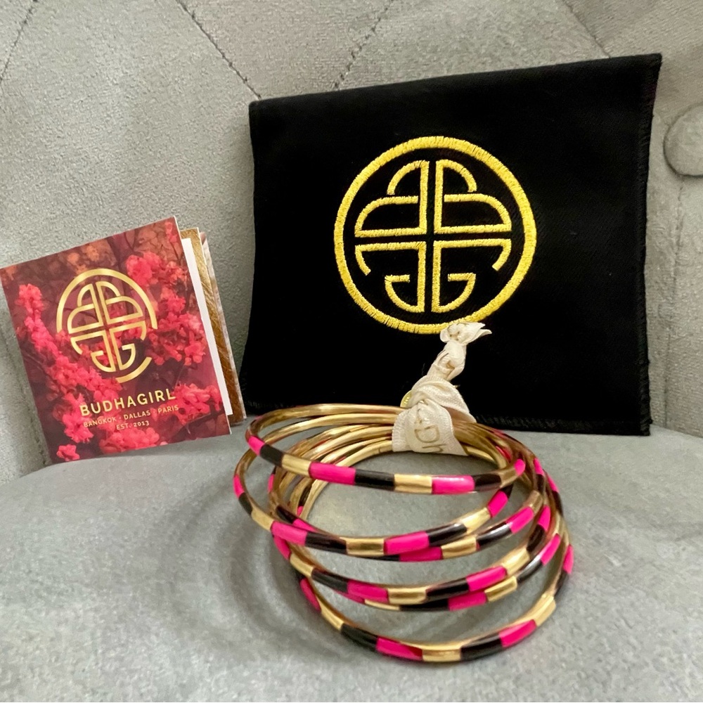 Budhagirl Veda Pink and Black Bangle Set (6 bangles) *NEW* with BDG pouch
